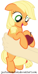 Size: 3208x6292 | Tagged: safe, artist:justisanimation, applejack, earth pony, human, pony, g4, apple, cute, eyes on the prize, female, filly, filly applejack, food, freckles, hand, holding a pony, jackabetes, justis holds a pony, open mouth, simple background, smiling, that pony sure does love apples, transparent background, younger