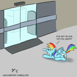 Size: 540x540 | Tagged: safe, artist:halflingpony, rainbow dash, g4, automatic door, behaving like a cat, female, my little art challenge, solo