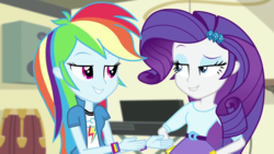 Size: 1280x720 | Tagged: safe, edit, edited screencap, screencap, rainbow dash, rarity, equestria girls, g4, my little pony equestria girls: rainbow rocks, implied raridash, lip bite