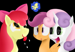 Size: 3757x2609 | Tagged: safe, artist:skitsroom, apple bloom, scootaloo, sweetie belle, g4, black background, cutie mark crusaders, cutie mark crusaders patch, high res, open mouth, simple background, tongue out