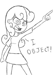 Size: 752x1063 | Tagged: safe, artist:lesbocarwash, sweetie belle, human, g4, clothes, female, humanized, monochrome, objection, sketch, skirt, solo