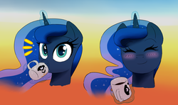 Size: 1024x608 | Tagged: dead source, safe, artist:victoreach, princess luna, alicorn, pony, g4, blushing, chocolate, cute, eyes closed, female, food, gradient background, hot chocolate, looking at you, lunabetes, magic, mug, portrait, smiling, solo, telekinesis