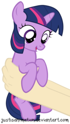 Size: 3472x6097 | Tagged: safe, artist:justisanimation, twilight sparkle, human, pony, unicorn, g4, cute, female, filly, filly twilight sparkle, hand, holding a pony, justis holds a pony, offscreen character, simple background, solo, transparent background, twiabetes, unicorn twilight, vector, younger