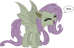 Size: 3000x1968 | Tagged: safe, artist:doctor-g, fluttershy, bat pony, pony, g4, cute, eyes closed, fangs, female, flutterbat, flutteryay, hissing, mare, race swap, shyabates, shyabetes, simple background, solo, speech bubble, spread wings, standing, transparent background, vector, yay