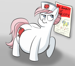 Size: 2560x2253 | Tagged: safe, artist:superninja, nurse redheart, earth pony, pony, g4, belly, big belly, butt, eyeroll, fat, female, high res, hypocritical humor, mare, nurse roundheart, obese, plot, poster, raised hoof, solo, unamused