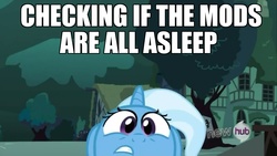 Size: 1080x608 | Tagged: safe, edit, edited screencap, screencap, trixie, pony, unicorn, g4, magic duel, female, hub logo, humor, image macro, mare, meme, meta, solo