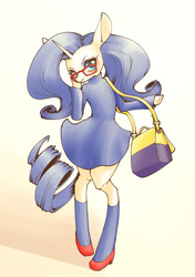 Size: 2039x2894 | Tagged: safe, artist:unousaya, rarity, unicorn, anthro, g4, arm hooves, clothes, cute, dress, female, glasses, high heels, high res, mare, meganekko, purse, raribetes, solo, stockings
