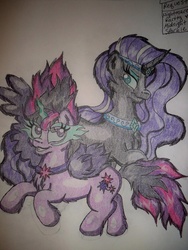 Size: 774x1032 | Tagged: safe, artist:shelby100, nightmare rarity, twilight sparkle, pony, equestria girls, g4, my little pony equestria girls: friendship games, equestria girls ponified, midnight sparkle, ponified, traditional art