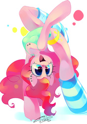 Size: 1000x1417 | Tagged: dead source, safe, artist:iopichio, pinkie pie, earth pony, anthro, g4, arm hooves, armpits, backbend, clothes, female, flexible, happy, open mouth, piercing, simple background, socks, solo, striped socks