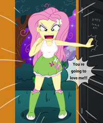 Size: 2821x3375 | Tagged: safe, artist:sumin6301, fluttershy, equestria girls, g4, the best night ever, boots, clothes, dialogue, equestria girls interpretation, equestria girls-ified, female, flutterrage, high res, miniskirt, scene interpretation, screaming, shoes, skirt, socks, solo, tank top, you're going to love me