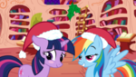 Size: 1518x856 | Tagged: safe, artist:mintbronycrunch, rainbow dash, twilight sparkle, pegasus, pony, unicorn, g4, blushing, christmas, duo, female, golden oaks library, holly, holly mistaken for mistletoe, lesbian, library, ship:twidash, shipping, spread wings, unicorn twilight, wings