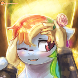 Size: 750x750 | Tagged: safe, artist:lumineko, rainbow dash, human, pony, g4, 30 minute art challenge, blushing, female, flower, flower in hair, hand, mare, one eye closed, patreon, patreon logo, petting, rose