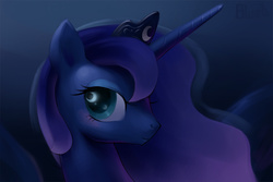 Size: 1200x800 | Tagged: dead source, safe, artist:bluedrg19, princess luna, alicorn, pony, g4, bust, female, horn, jewelry, looking at you, mare, portrait, profile, regalia, smiling, solo, tiara