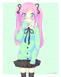 Size: 800x1000 | Tagged: safe, artist:riouku, fluttershy, human, g4, anime, black skirt, black socks, black stockings, blushing, bow, cardigan, clothes, digital art, female, green sweater, hair bow, humanized, light skin, long sleeves, looking at you, miniskirt, moe, neck bow, pigtails, pink hair, pleated skirt, shy, skirt, socks, solo, standing, stockings, sweater, sweatershy, thigh highs, thigh socks, zettai ryouiki