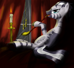 Size: 1042x966 | Tagged: safe, artist:madhotaru, zecora, zebra, g4, bedroom eyes, candle, curtains, female, horn, looking at you, lying down, mare, open mouth, pipe, rain, smoking horn, solo, window