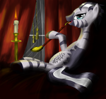 Size: 1042x966 | Tagged: safe, artist:madhotaru, zecora, zebra, g4, bedroom eyes, candle, curtains, female, horn, looking at you, lying down, mare, open mouth, pipe, rain, smoking horn, solo, window