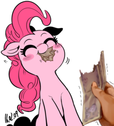 Size: 976x1077 | Tagged: safe, artist:nekubi, pinkie pie, earth pony, human, pony, g4, blushing, chewing, cute, diapinkes, eating, exploitable meme, eyes closed, female, fistful of yen, floppy ears, hand, horses doing horse things, meme, money, nom, offscreen character, puffy cheeks, reality ensues, shivering, smiling