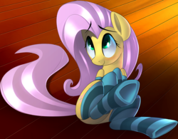 Size: 2521x1970 | Tagged: safe, artist:january3rd, fluttershy, pony, g4, blushing, clothes, cute, female, looking up, mare, on side, shyabetes, smiling, socks, solo, striped socks, underhoof, wooden floor