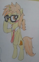 Size: 717x1140 | Tagged: safe, artist:traiden, oc, oc only, oc:crust raychell, pizza pony, glasses, necktie, pizza, solo, traditional art