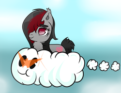 Size: 1300x1000 | Tagged: safe, artist:lazerblues, oc, oc only, oc:miss eri, black and red mane, lakitu cloud, reference, solo, two toned mane