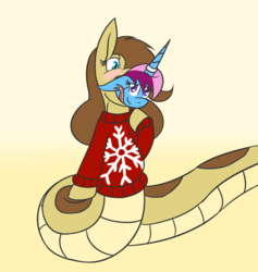 Size: 1144x1207 | Tagged: safe, artist:metalaura, oc, oc only, oc:hissyfit, oc:parcly taxel, alicorn, lamia, original species, pony, alicorn oc, clothes, fetish, horn, horn ring, sweater, throat bulge, vore, willing vore
