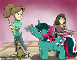 Size: 1024x798 | Tagged: safe, artist:kaijukid, fizzy, human, pony, twinkle eyed pony, unicorn, g1, actor, adventures in odyssey, aio, bow, broom, connie kendall, crossover, cute, dustpan, female, fizzybetes, katie leigh, mare, sweeping, tail, tail bow, voice actor joke