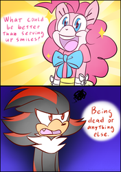 Size: 1200x1700 | Tagged: safe, artist:hoshinousagi, pinkie pie, g4, can you spare a dime?, comic, crossover, male, reference, shadow the hedgehog, sonic the hedgehog, sonic the hedgehog (series), spongebob squarepants