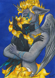 Size: 3464x4906 | Tagged: safe, artist:stirren, oc, oc only, oc:stirren, oc:woon, alicorn, hybrid, anthro, alicorn oc, couple, cute, embrace, horn, hug, scan, stripes, traditional art, wings, woorren