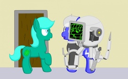 Size: 1280x786 | Tagged: safe, artist:minty candy, oc, oc only, oc:pearl, oc:static charge, earth pony, pony, robot, fallout equestria, fallout equestria: empty quiver, artificial intelligence, clothes, door, indoors, mister handy, screen, story, surprised