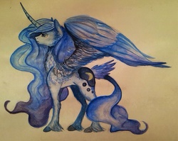 Size: 2122x1691 | Tagged: safe, artist:tasselglous, princess luna, g4, chest fluff, curved horn, ear fluff, female, fluffy, horn, solo, spread wings, traditional art, unshorn fetlocks