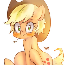 Size: 500x500 | Tagged: safe, artist:mmscoop, applejack, g4, blushing, female, looking at you, sitting, solo