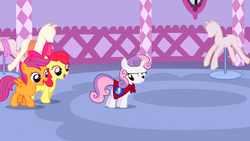 Size: 1366x768 | Tagged: safe, screencap, apple bloom, scootaloo, sweetie belle, g4, my little pony: friendship is magic, stare master, carousel boutique, cutie mark crusaders, female, filly, foal, mannequin