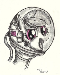 Size: 1696x2128 | Tagged: safe, artist:thesubtle, oc, oc only, oc:puppysmiles, earth pony, pony, fallout equestria, fallout equestria: pink eyes, fallout, fanfic, fanfic art, female, filly, foal, hazmat suit, portrait, profile, radiation, radiation suit, simple background, smiling, solo, staring into your soul, traditional art, white background