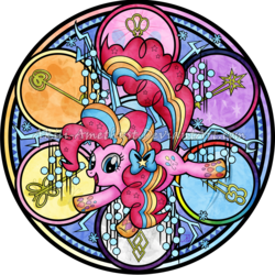 Size: 2100x2100 | Tagged: safe, artist:akili-amethyst, pinkie pie, tree of harmony, g4, twilight's kingdom, female, high res, keys of harmony, looking at you, multicolored hair, rainbow hair, rainbow power, rainbow power-ified, rainbow tail, solo, stained glass