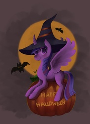 Size: 3244x4443 | Tagged: safe, artist:miss-cats, twilight sparkle, alicorn, bat, pony, g4, female, food, halloween, hat, looking at you, mare, missing cutie mark, pumpkin, smiling, solo, spread wings, twilight sparkle (alicorn), wings, witch hat
