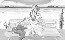 Size: 1920x1200 | Tagged: safe, artist:lightf4lls, fluttershy, bird, seagull, g4, beach, bench, confused, female, food, french fries, grayscale, holding, misleading thumbnail, monochrome, ocean, sitting, solo, surrounded
