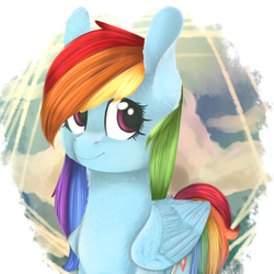 Size: 1000x1000 | Tagged: safe, artist:scroll-with-feather, rainbow dash, g4, big ears, cloud, cloudy, female, fluffy, looking at you, sky, smiling, solo