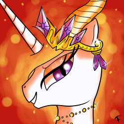 Size: 4808x4808 | Tagged: safe, artist:frolda, nightmare star, princess celestia, g4, absurd resolution, crown, eyeshadow, female, fire, jewelry, looking at you, makeup, portrait, regalia, slit pupils, smiling, solo