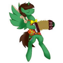 Size: 1024x1024 | Tagged: safe, artist:yamialice, oc, oc only, oc:frost d. tart, alicorn, pony, accordion, alicorn oc, bipedal, bowtie, eyes closed, musical instrument, polka dots, solo