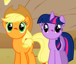 Size: 605x513 | Tagged: safe, edit, edited screencap, screencap, applejack, twilight sparkle, g4, over a barrel, cute, faic, fishface applejack, fishface twilight