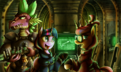 Size: 1250x743 | Tagged: safe, artist:jamescorck, moondancer, spike, twilight sparkle, alicorn, pony, g4, brotherhood of steel, crossover, fallout, fallout: new vegas, female, mare, older, older spike, twilight sparkle (alicorn), weapon
