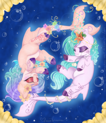 Size: 1024x1183 | Tagged: safe, artist:pvrii, oc, oc only, original species, shark pony, eyes closed, flower, sisters, underwater