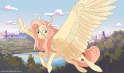 Size: 2079x1227 | Tagged: safe, artist:loukaina, fluttershy, g4, city, cityscape, female, flying, looking down, scenery, sky, solo, spread wings