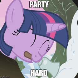 Size: 500x500 | Tagged: safe, edit, edited screencap, screencap, twilight sparkle, g4, winter wrap up, bell, cropped, female, meme, mouth hold, party hard, snow, solo