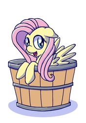 Size: 541x768 | Tagged: safe, artist:nessyixx, fluttershy, g4, basket, bushel basket, female, looking at you, open mouth, simple background, smiling, solo, spread wings, white background