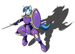Size: 5001x3640 | Tagged: safe, artist:rubbermage, shining armor, anthro, unguligrade anthro, g4, armor, female, gleaming shield, rule 63, shield, simple background, solo, sword, transparent background, weapon