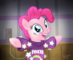 Size: 1600x1300 | Tagged: safe, artist:tina-de-love, pinkie pie, earth pony, pony, g4, braces, clothes, female, gravity falls, mabel pines, male, plug, rainbow, solo, stars, sweater, ungrounded socket, younger