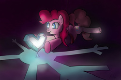 Size: 2851x1894 | Tagged: safe, artist:xbi, pinkie pie, pony, g4, action pose, crystal heart, eyes on the prize, female, glowing, harness, mission impossible, prone, smiling, solo, suspended, tabun art-battle finished after, the floor is lava