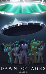 Size: 938x1500 | Tagged: safe, artist:ncmares, applejack, fluttershy, pinkie pie, rainbow dash, rarity, spike, starlight glimmer, twilight sparkle, alicorn, pony, fanfic:convergence, g4, dawn of ages, fanfic art, fanfic cover, female, mane seven, mane six, mare, twilight sparkle (alicorn)