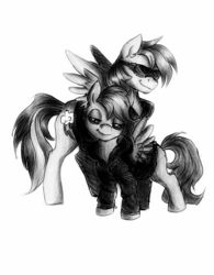 Size: 544x697 | Tagged: safe, artist:buttersprinkle, rainbow dash, scootaloo, g4, black and white, clothes, grayscale, jacket, looking at you, scootalove, sunglasses, traditional art